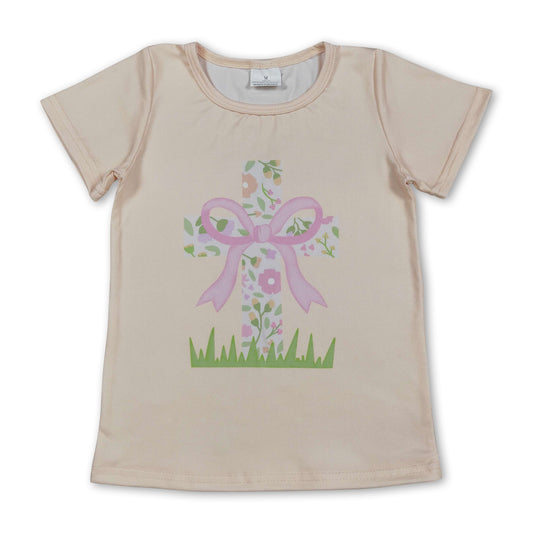 Short sleeves floral cross bow baby girls Easter shirt