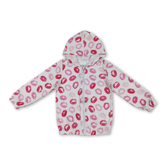 Long sleeves pink lip full zipper kids girls hooded jacket