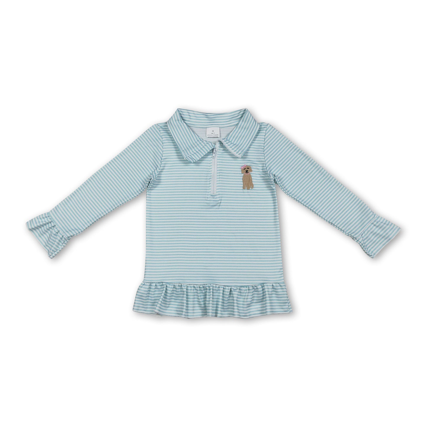 Long sleeves stripe dog embroidery ruffle girls zipper pullover