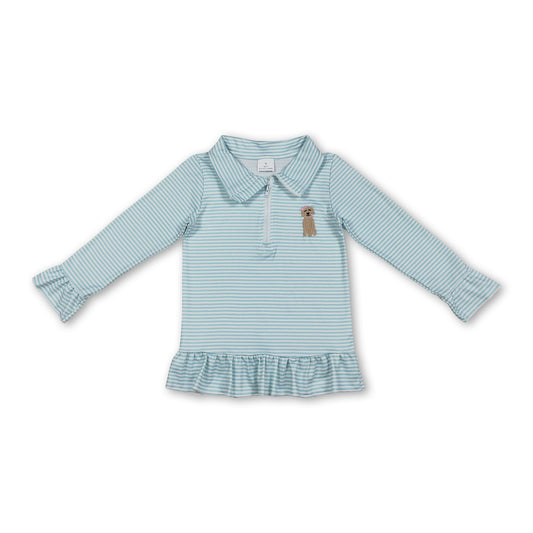 Long sleeves stripe dog embroidery ruffle girls zipper pullover