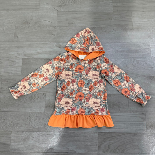 Long sleeves orange ruffle floral girls fall hoodie