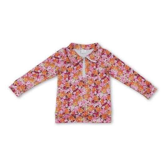 Long sleeves orange pink floral girls fall zipper pullover