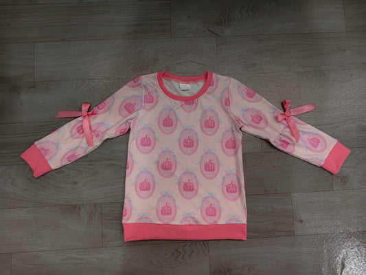Long sleeves bow pink pumpkin girls fall shirt