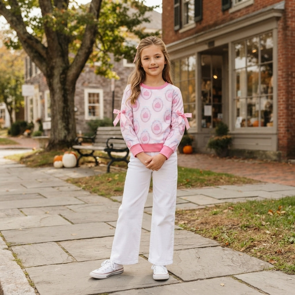Long sleeves bow pink pumpkin girls fall shirt