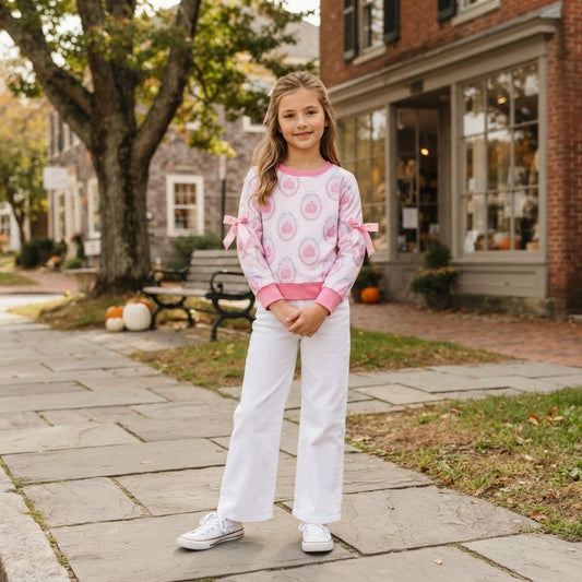 Long sleeves bow pink pumpkin girls fall shirt