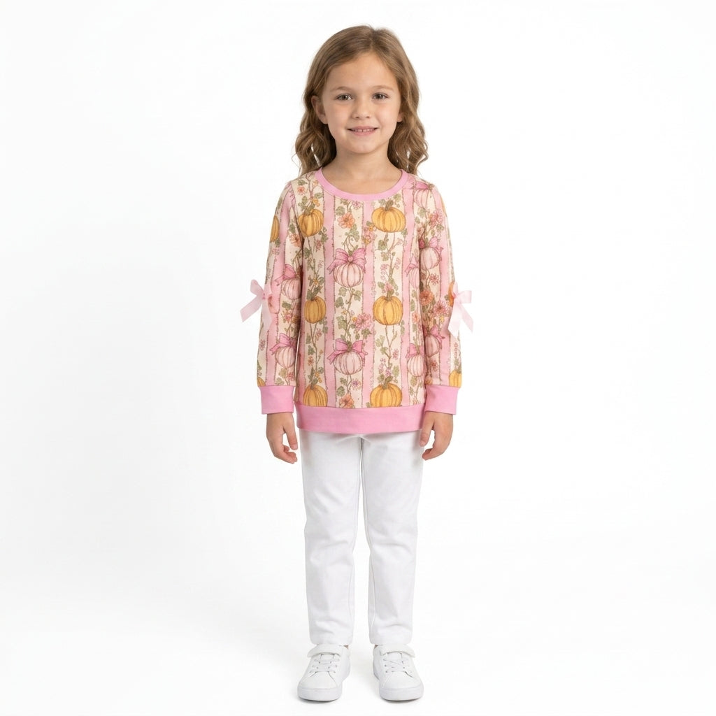 Long sleeves bow pumpkin kids girls fall shirt