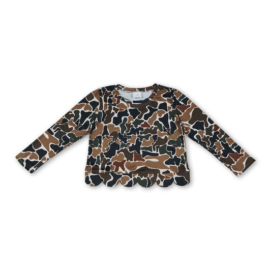 Long sleeves brown camo scallop kids girls top