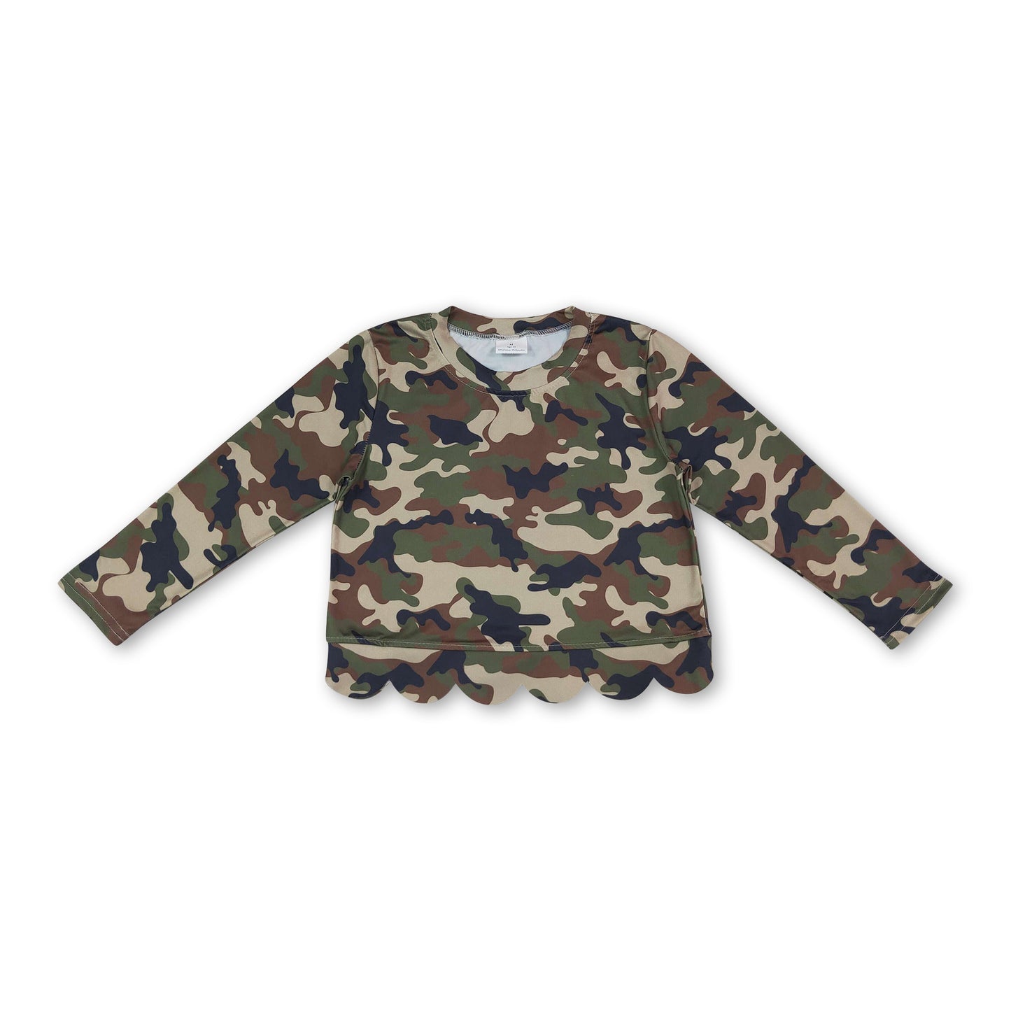 Long sleeves green camo scallop kids girls top
