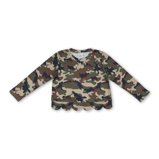 Long sleeves green camo scallop kids girls top