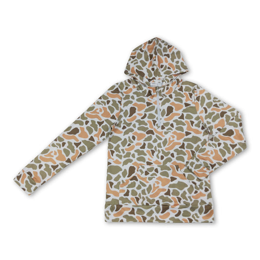 Long sleeves green camo pocket adult women zipper hoodie