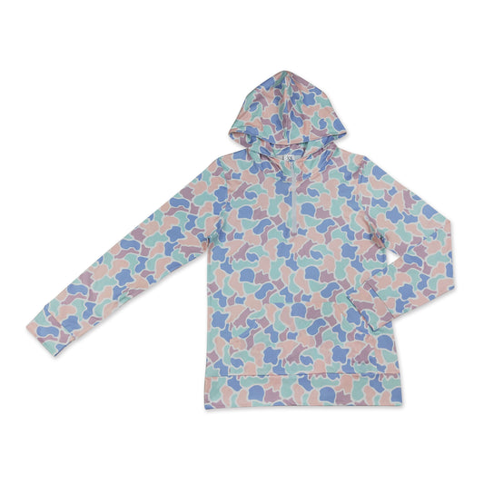 Long sleeves light blue camo pocket adult women zipper hoodie