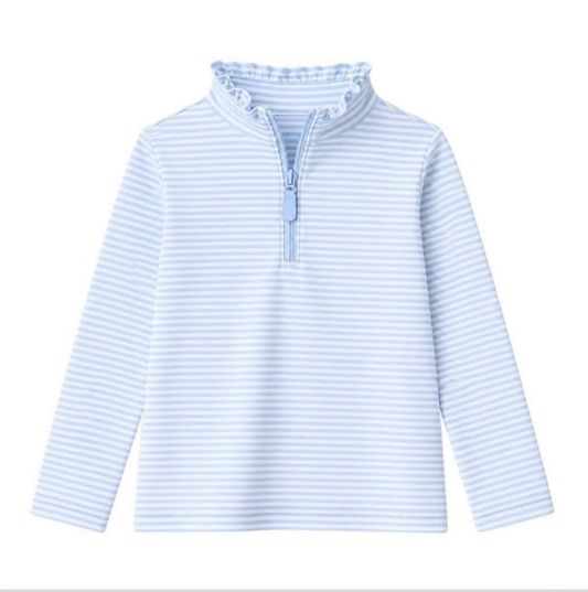 Long sleeves light blue stripe ruffle zipper girls pullover