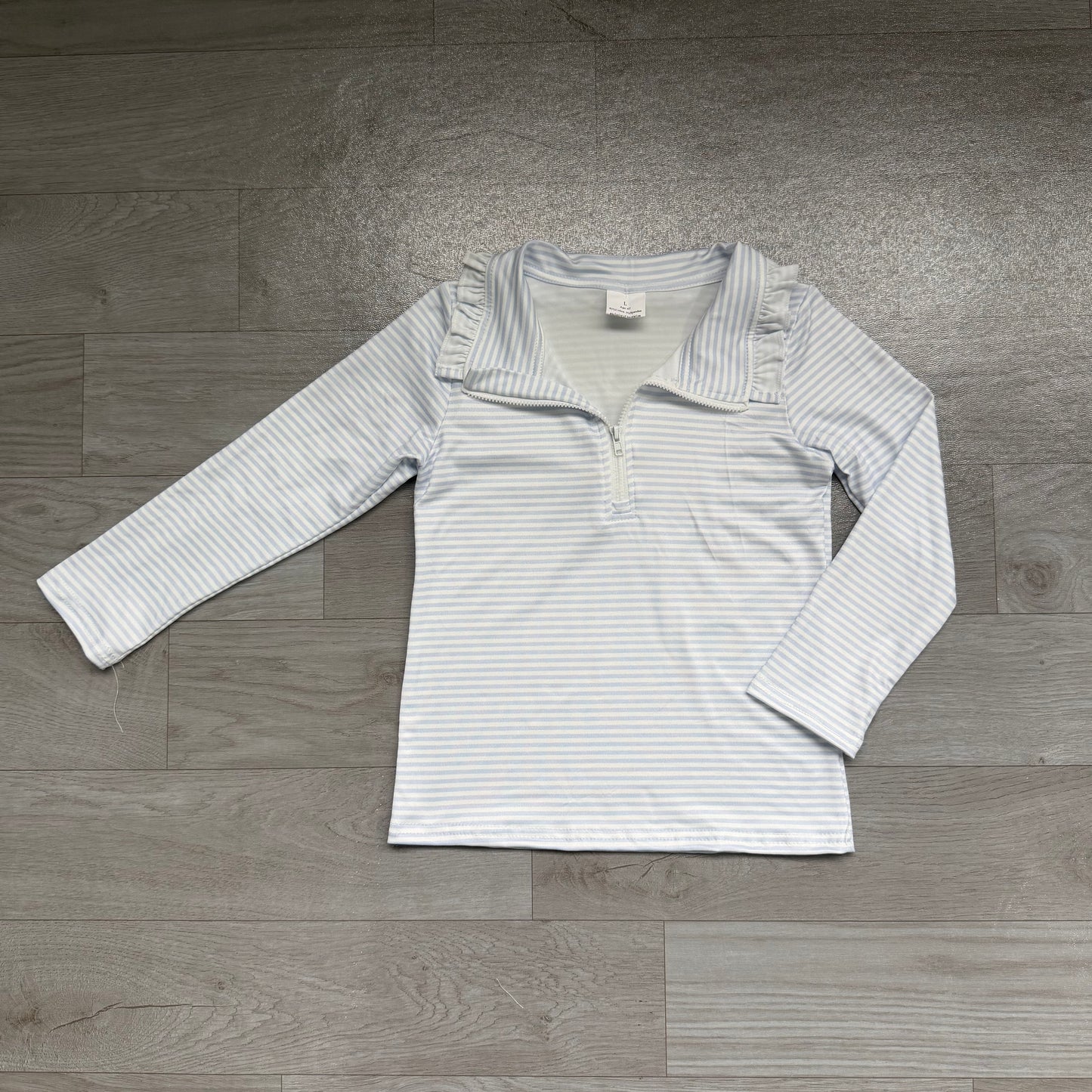 Long sleeves light blue stripe ruffle zipper girls pullover