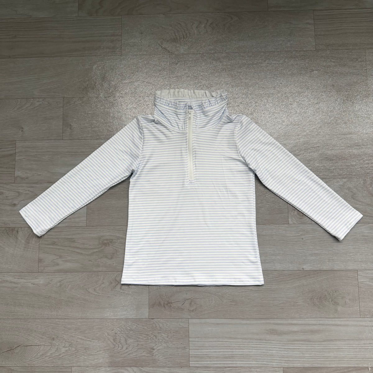 Long sleeves light blue stripe ruffle zipper girls pullover