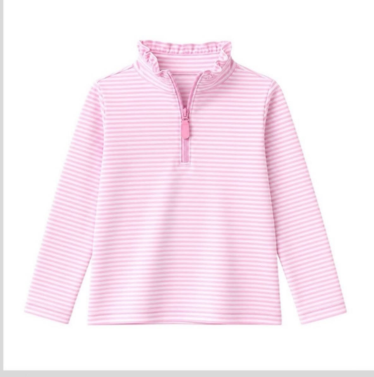 Long sleeves pink stripe ruffle zipper girls pullover