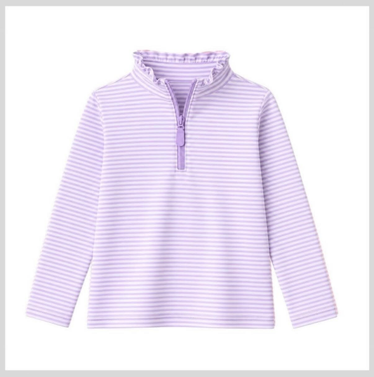 Long sleeves lavender stripe ruffle zipper girls pullover