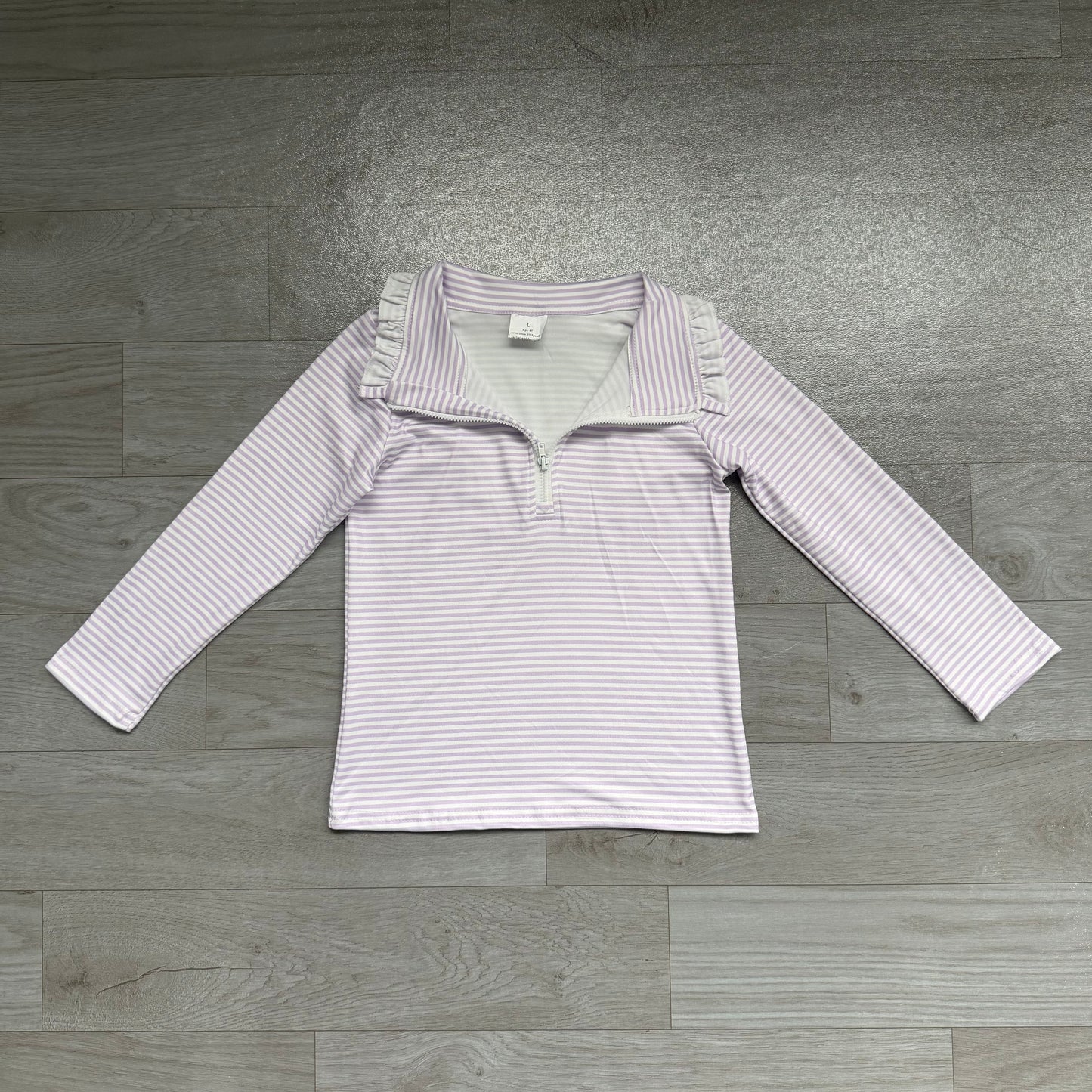 Long sleeves lavender stripe ruffle zipper girls pullover