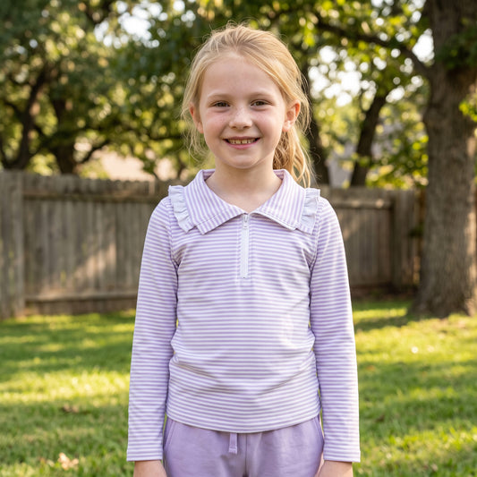 Long sleeves lavender stripe ruffle zipper girls pullover