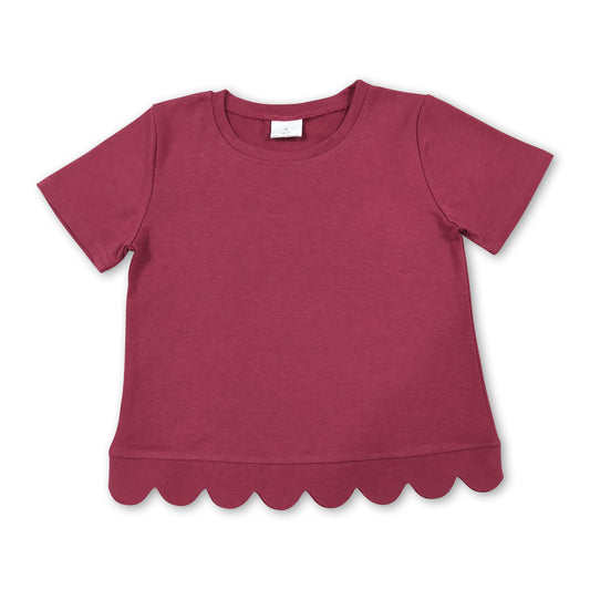 Short sleeves rose red cotton scallop kids girls top