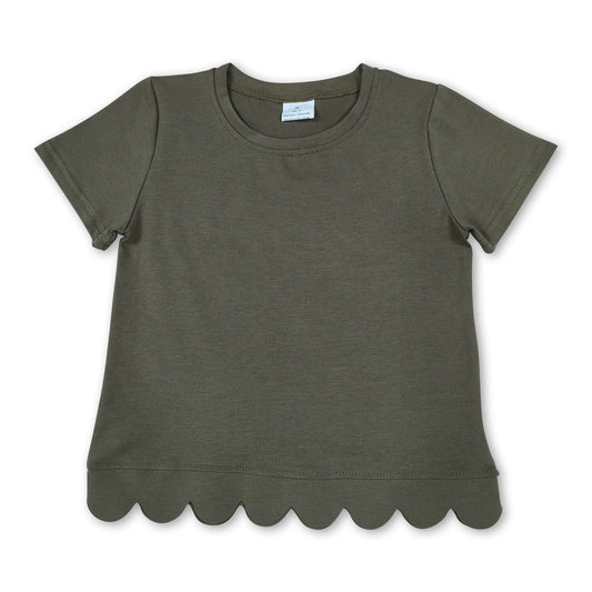 Short sleeves olive cotton scallop toddler girls top