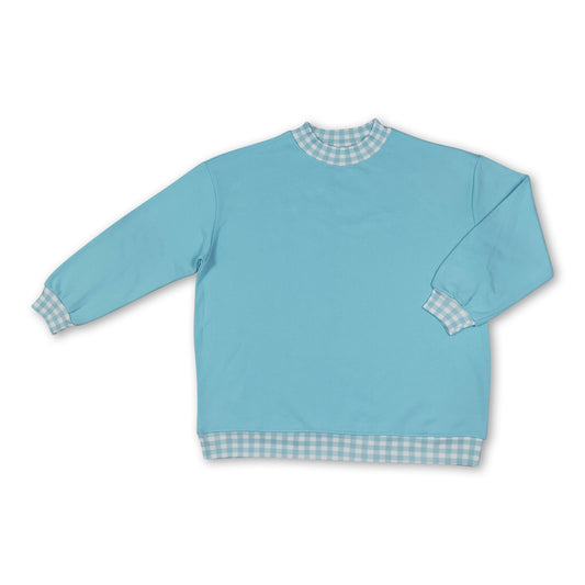 Long sleeves light blue plaid mock neck adult women sweatshirt