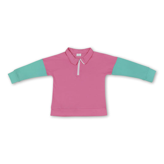 Long sleeves pink mint cotton zipper girls pullover