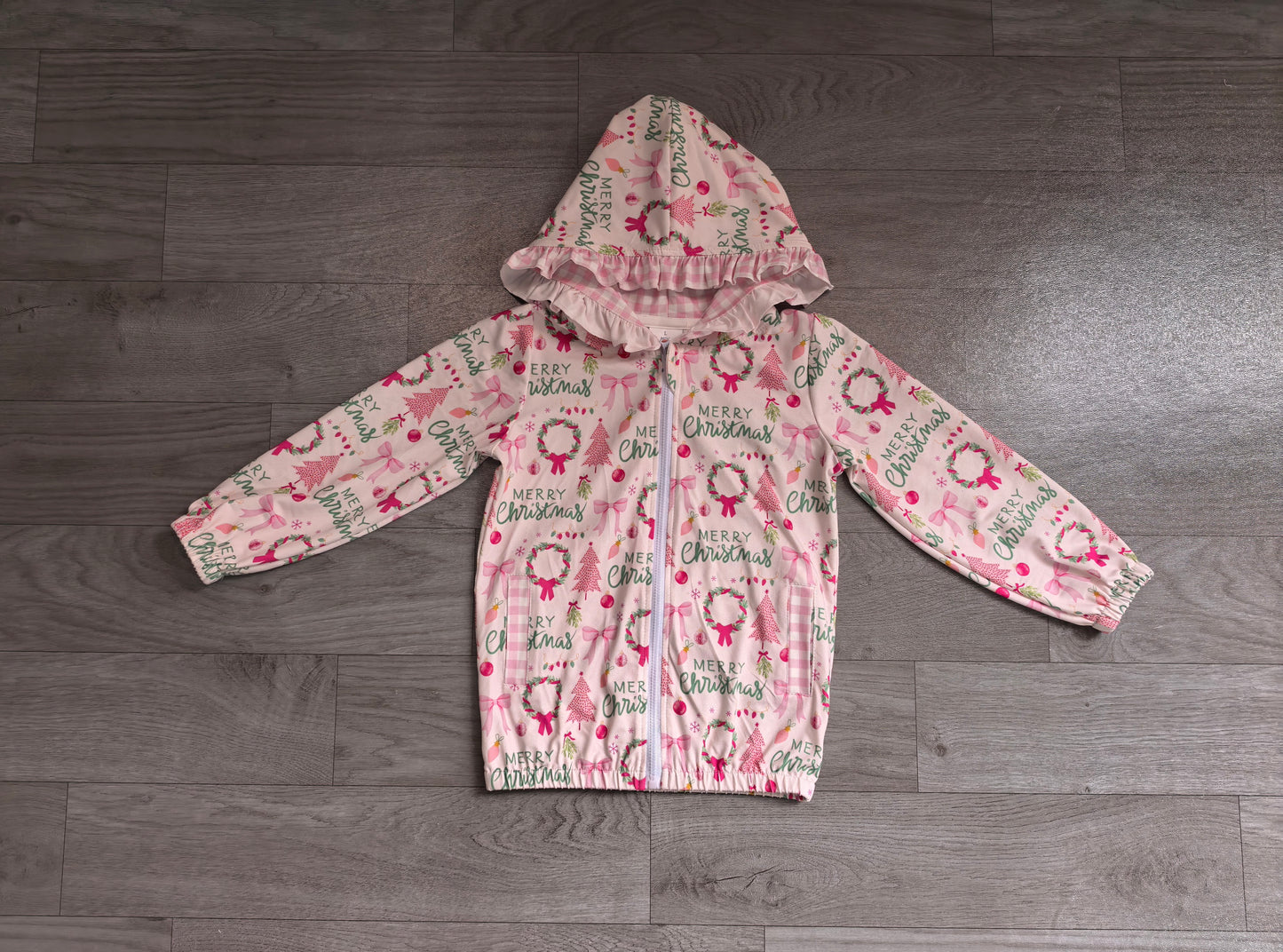 Merry Christmas pink bow kids girls hooded jacket
