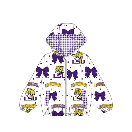 Long sleeves tiger purple bow plaid kids girls team jacket