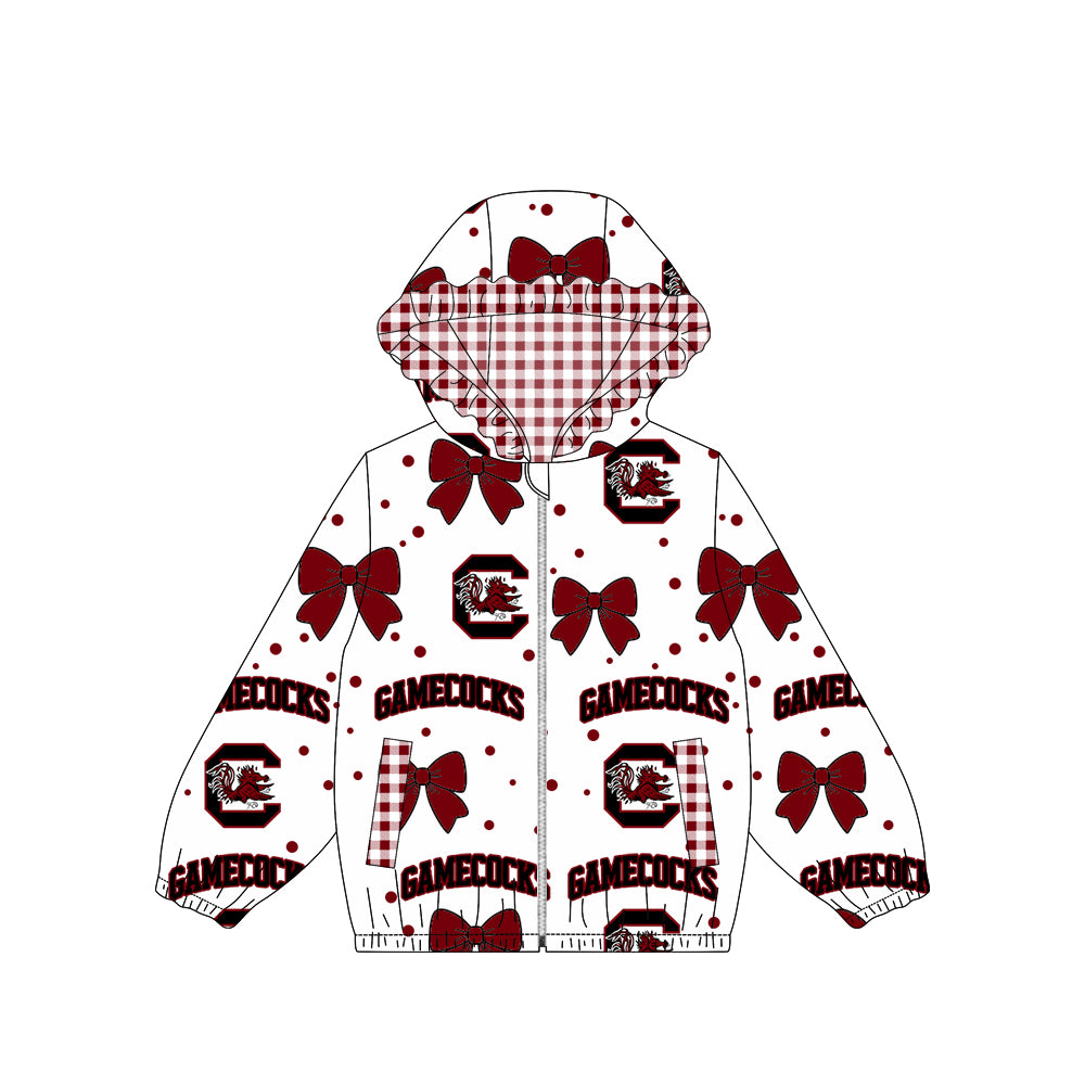 Long sleeves C maroon bow plaid kids girls team jacket
