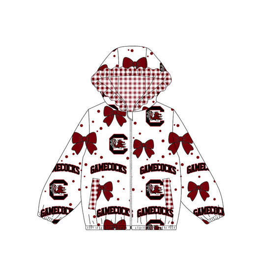Long sleeves C maroon bow plaid kids girls team jacket