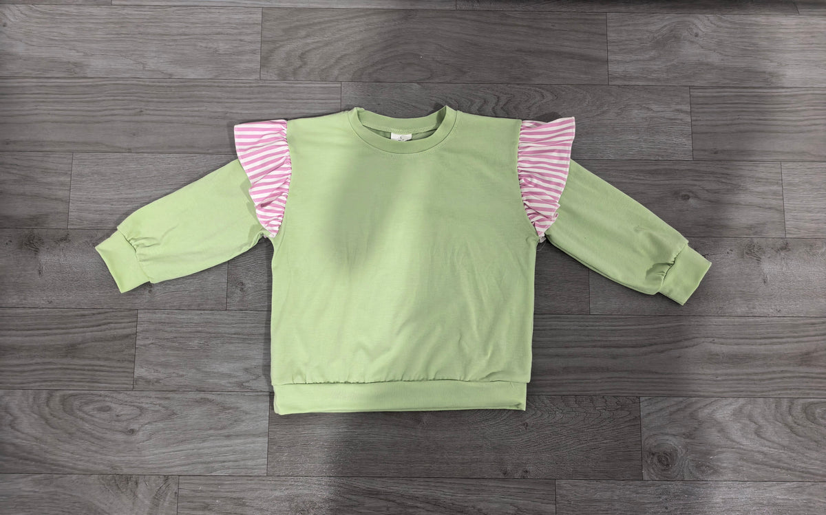 Long sleeves pink stripe green cotton kids girls fall top