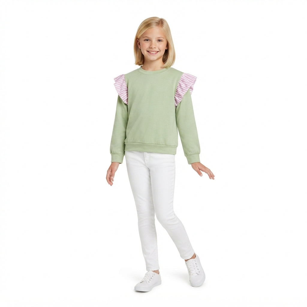 Long sleeves pink stripe green cotton kids girls fall top