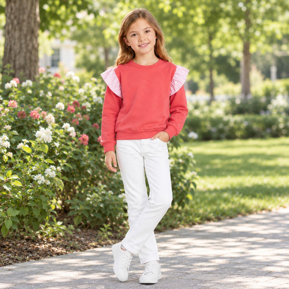 Long sleeves pink stripe hot pink cotton kids girls fall top