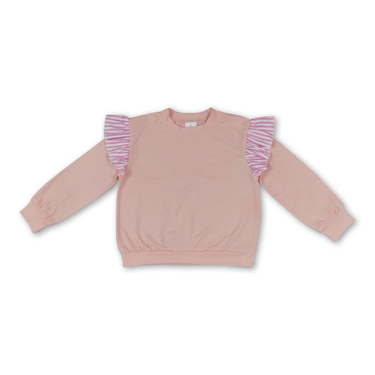 Long sleeves pink stripe peach cotton kids girls fall top