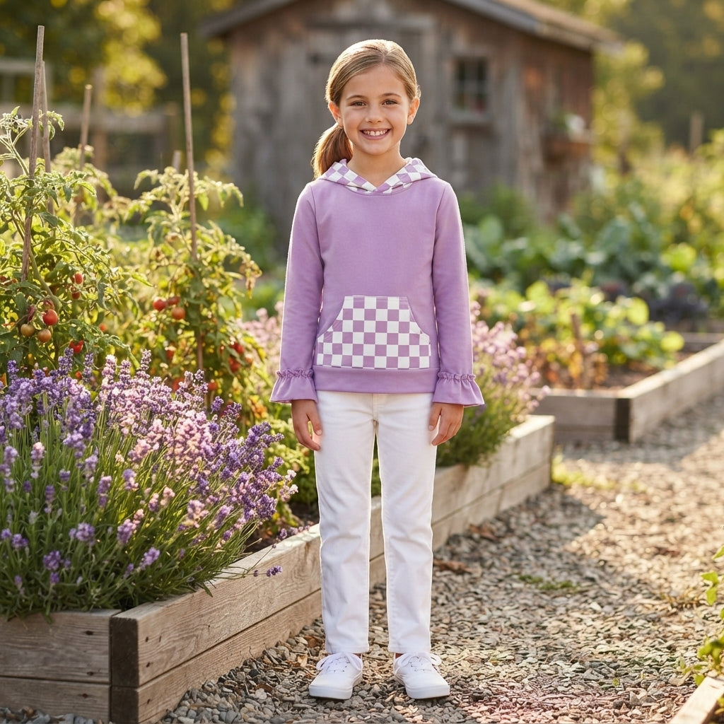 Ruffle long sleeves lavender plaid pocket girls hoodie