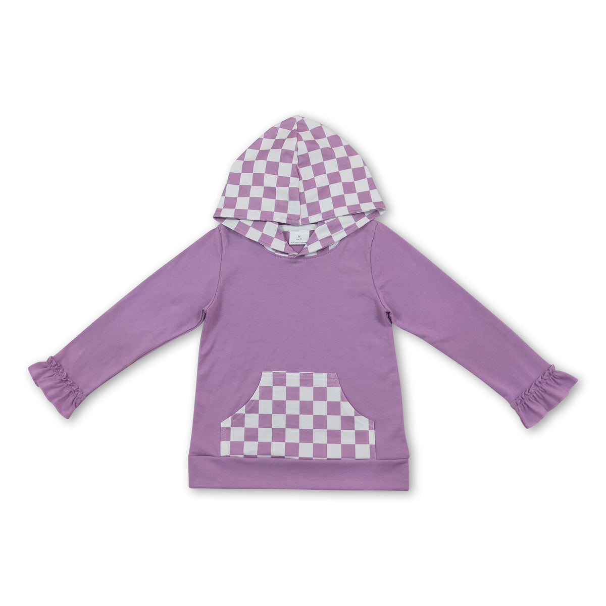 Ruffle long sleeves lavender plaid pocket girls hoodie