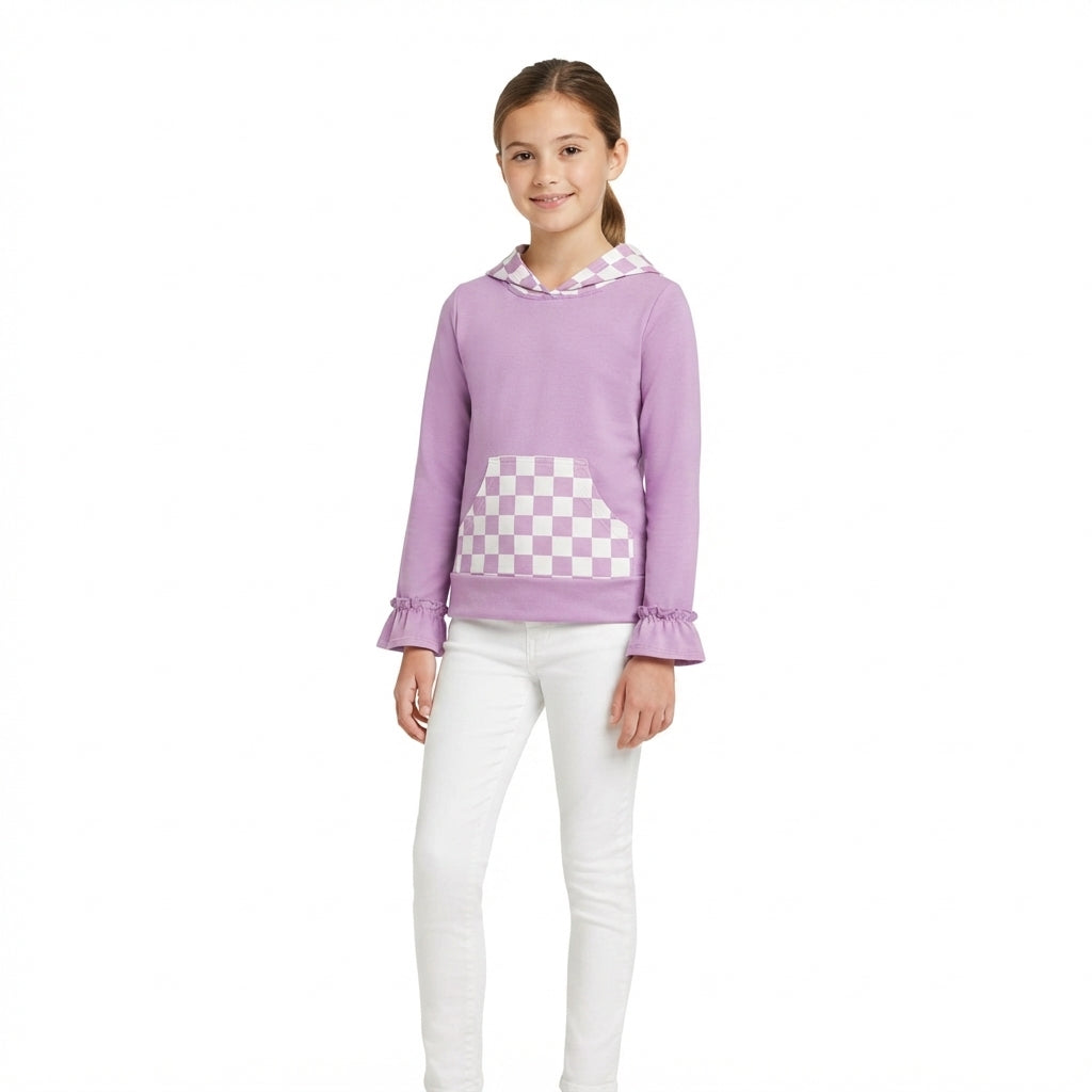 Ruffle long sleeves lavender plaid pocket girls hoodie