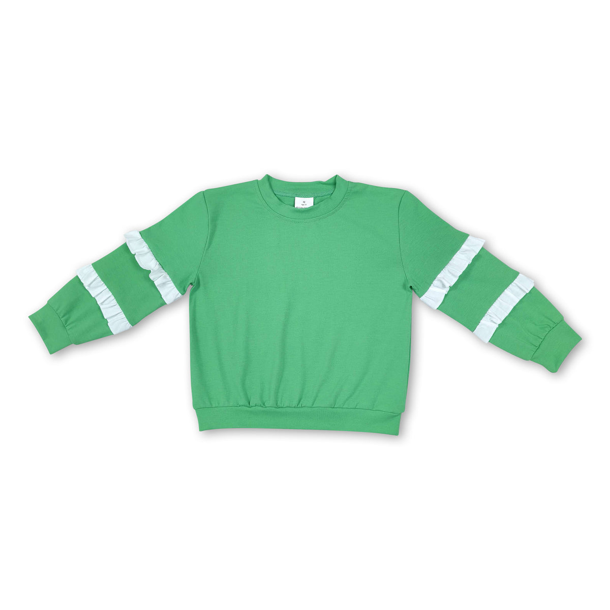 White ruffle long sleeves green cotton girls top