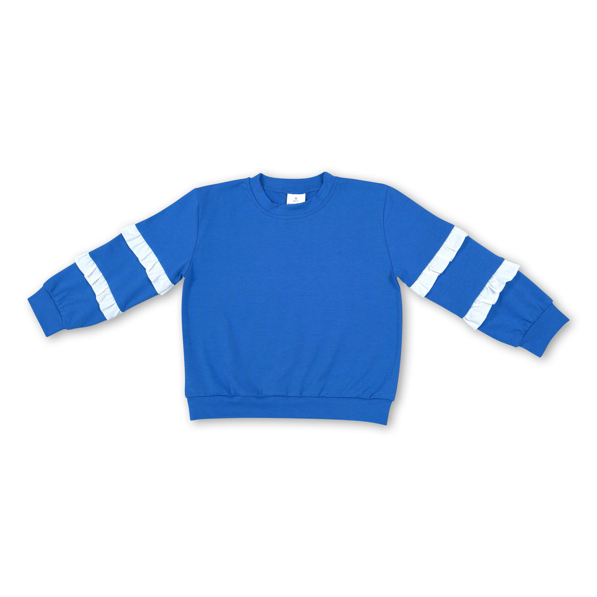 White ruffle long sleeves blue cotton girls team top