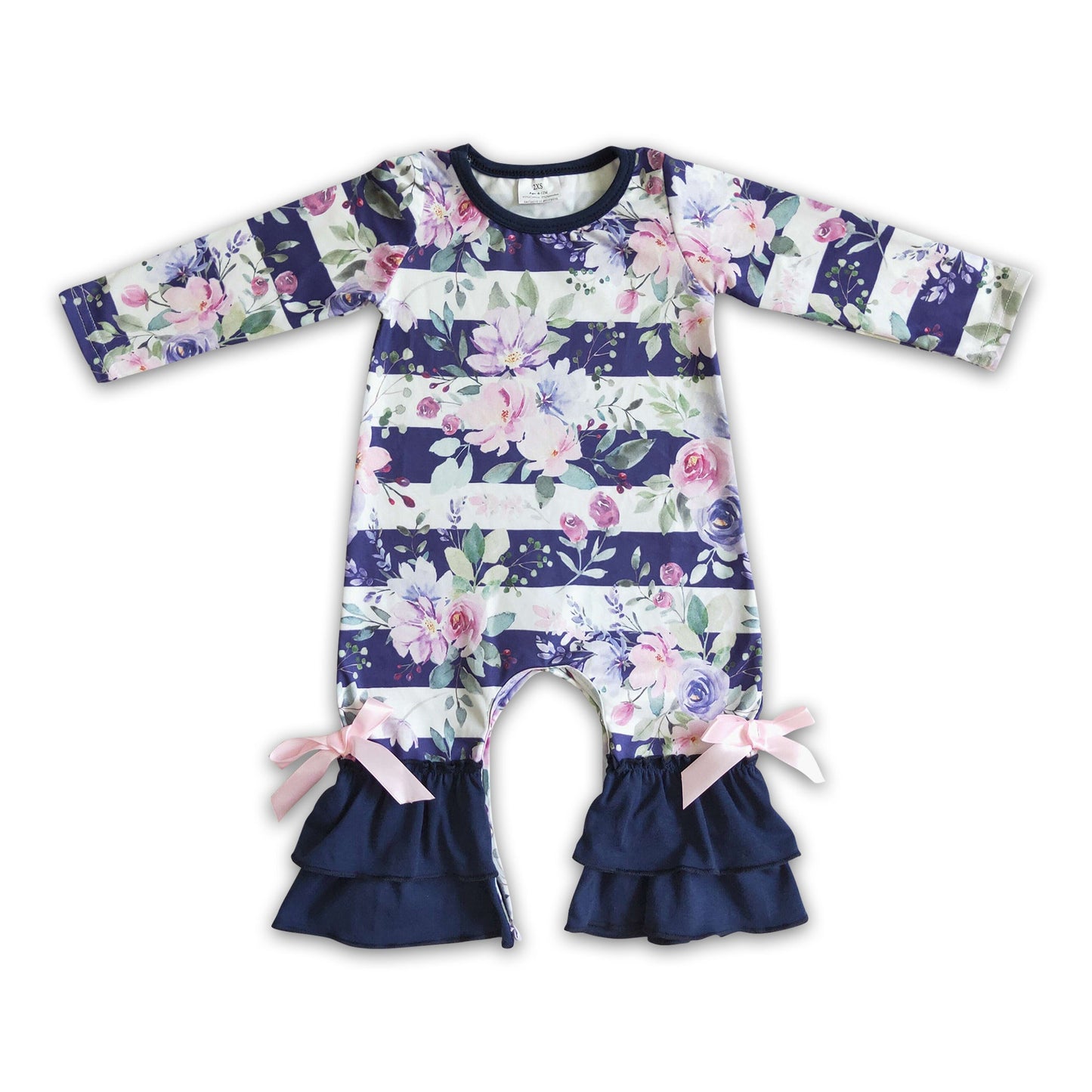 Navy floral long sleeves baby girls ruffles romper