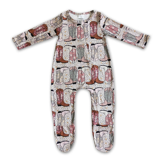 Boots print baby western footed zip coverall