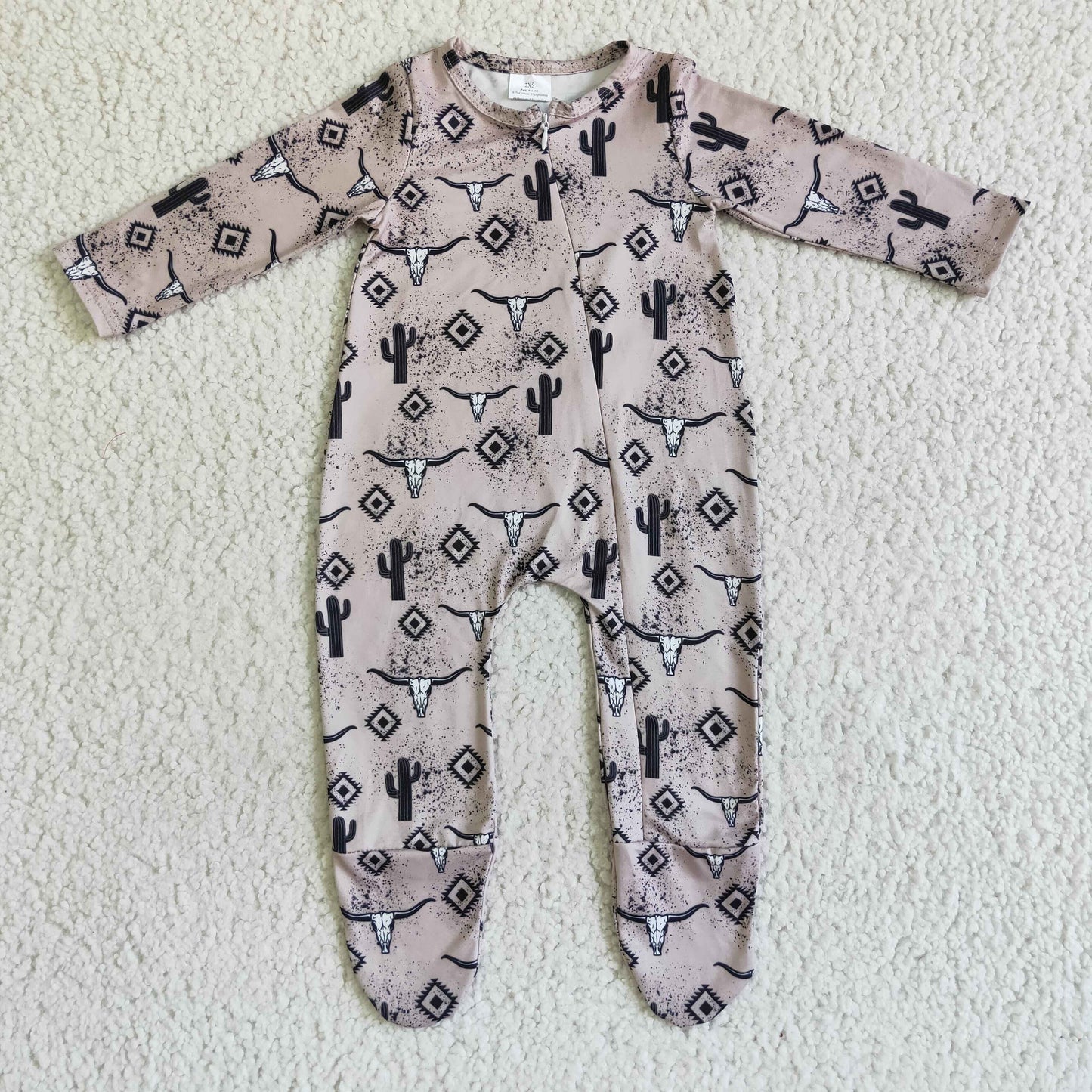 Bull skull cactus baby footed zip coverall