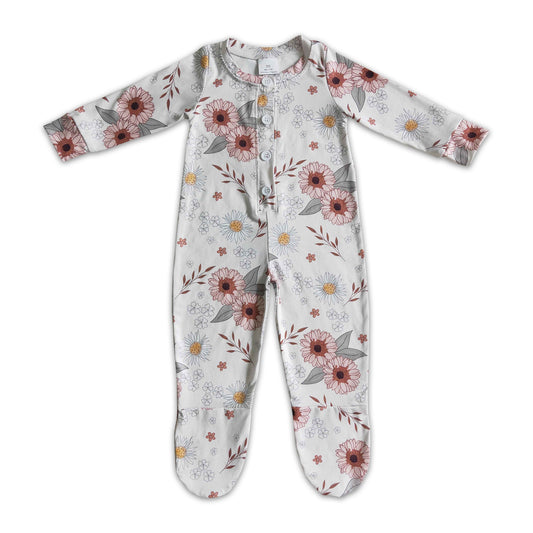 Pink floral long sleeve baby girls fall footed snaps coverall