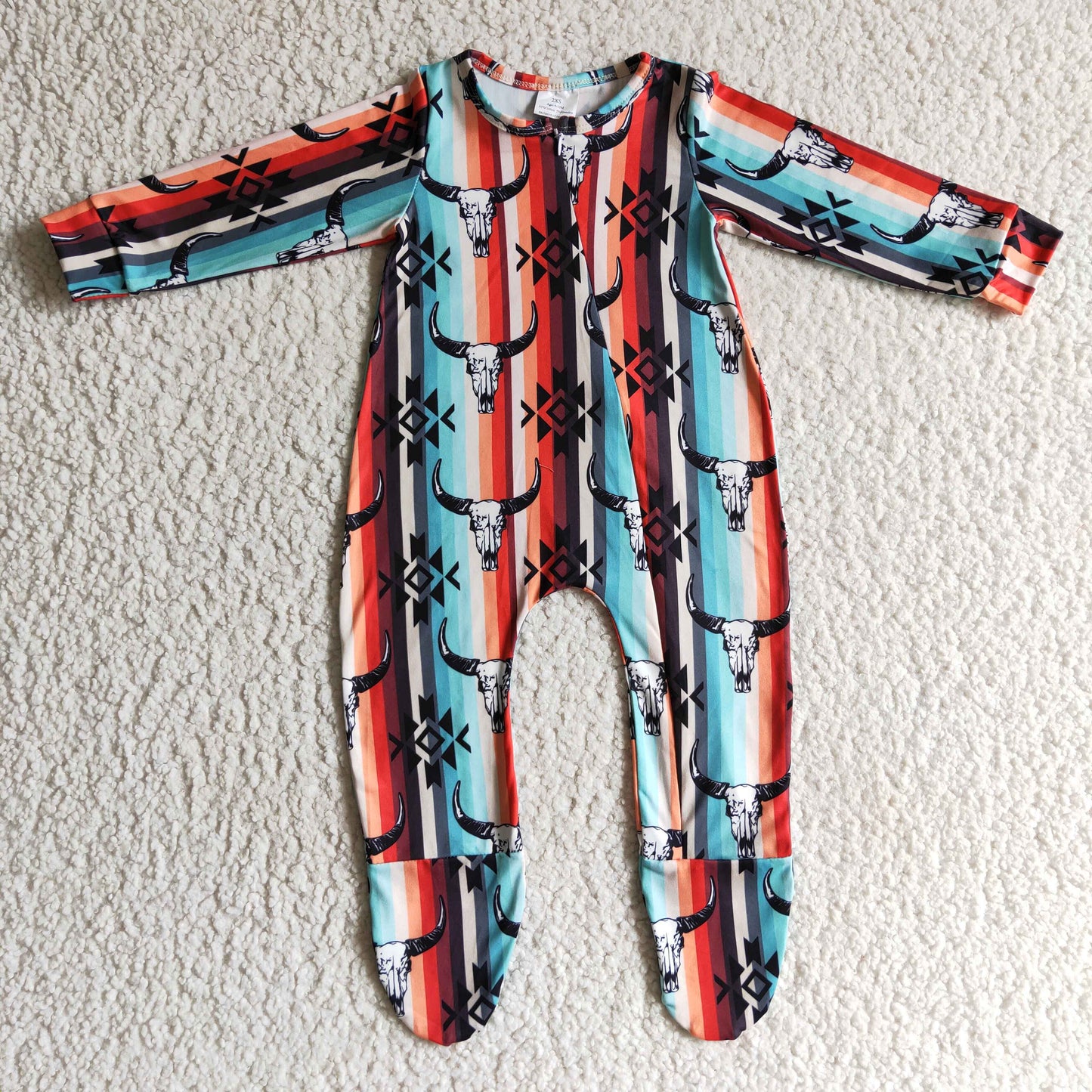 Bull skull aztec baby kids footed zip coverall