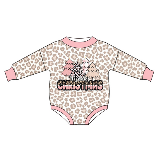 Pink leopard Christmas tree baby girls romper