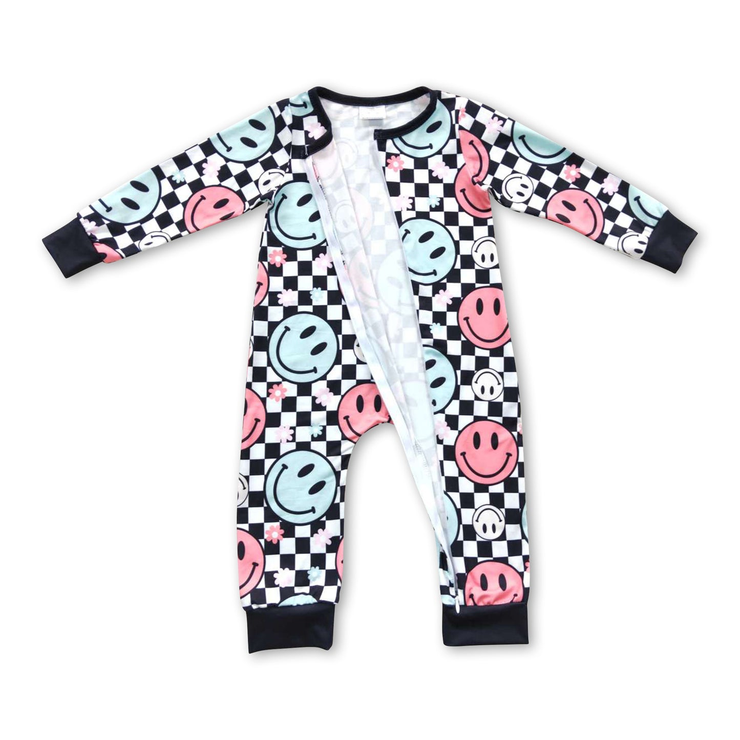 Plaid smile long sleeves zipper baby kids romper