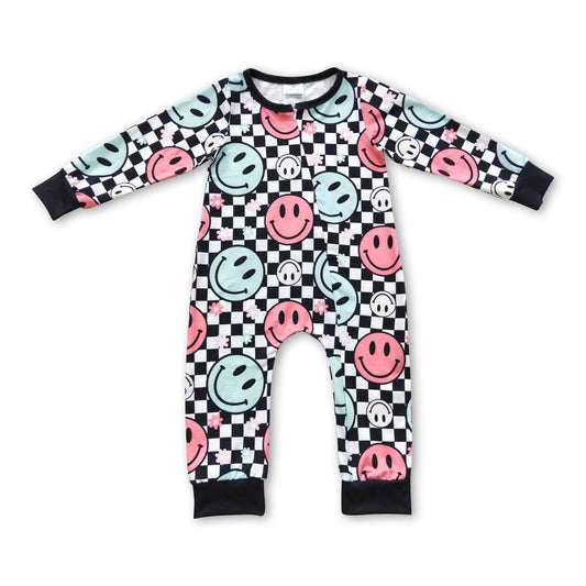 Plaid smile long sleeves zipper baby kids romper