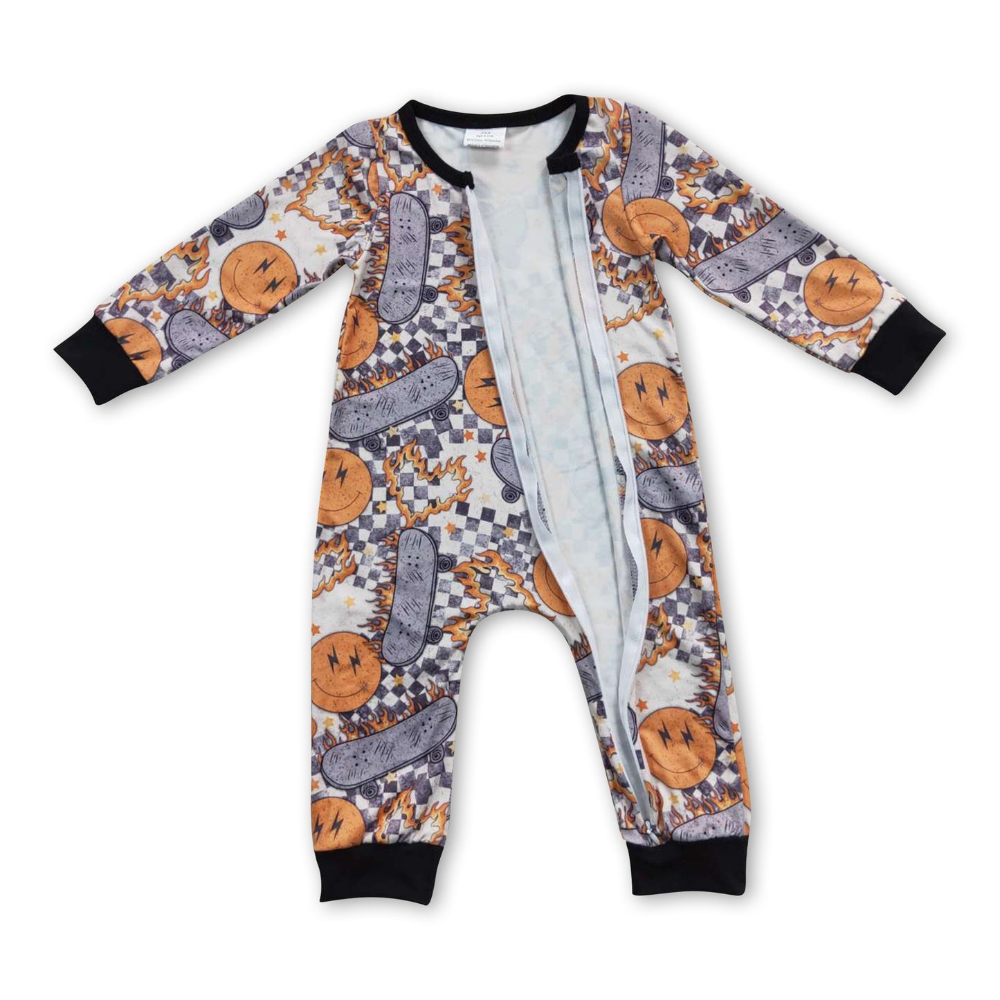 Skateboard smile long sleeves zipper baby kids romper