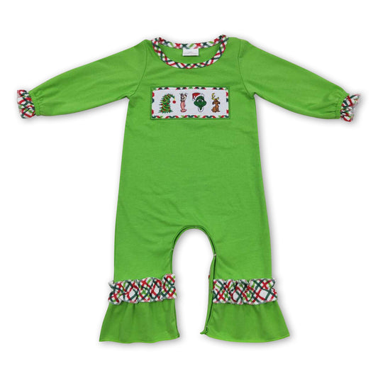 Green face long sleeves ruffle baby girls Christmas romper