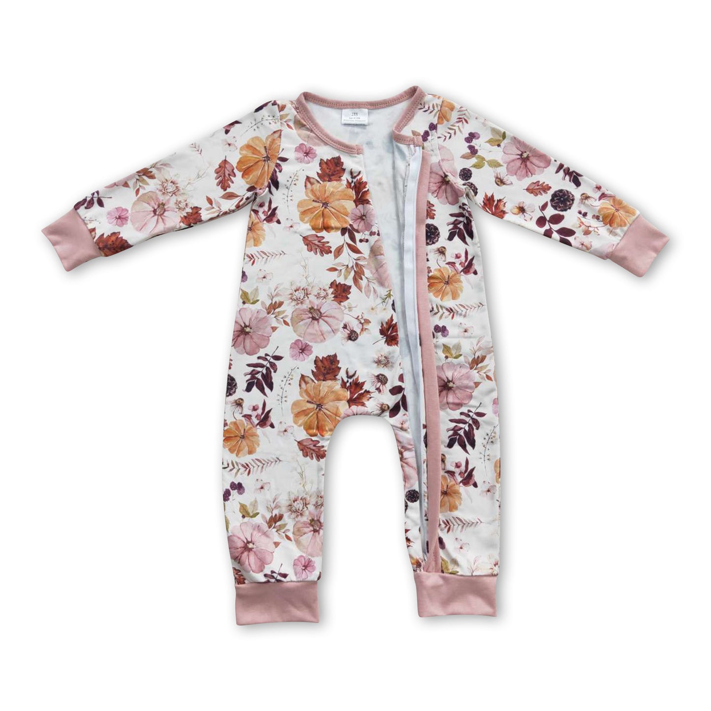 Pumpkin floral long sleeves zipper baby girls fall romper